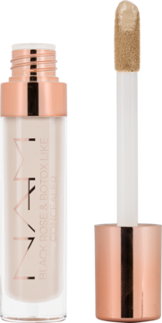 Korektor pod oczy NAM Black Rose & Botox-Like w jasnobeżowym odcieniu, z różowozłotą nakrętką, wyjęty aplikator.