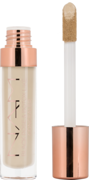 NAM Black Rose & Botox-Like Concealer, beżowy, z wyciągniętym aplikatorem, butelka z różowo-złotą zakrętką.