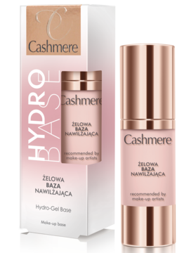 Cashmere Hydro Base, nawilżająca baza żelowa w butelce rose gold stojącej przy białym pudełku.