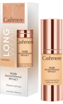 Cashmere Long Wear Make-Up fluid, matujący, w beżowej butelce z pompką i białym opakowaniu, widok z przodu.