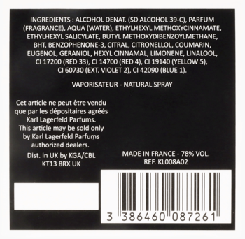 Tył czarnej etykiety Karl Lagerfeld Bois de Vétiver Eau de Toilette ze składem, kodem kreskowym i krajem pochodzenia.