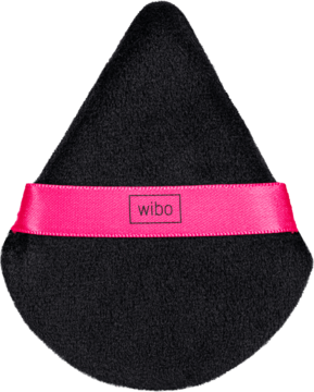 Czarny, trójkątny puszek Wibo Triangle Powder Puff z różową wstążką i logo, idealny do bakingu i konturowania.