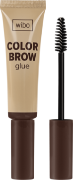 Koloryzujący klej do brwi Wibo Color Brow Glue w beżowej tubce obok brązowego aplikatora.