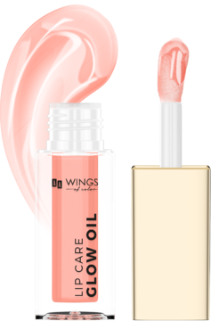 Pielęgnujący olejek do ust Wings Glow Oil 01 Peach, butelka z aplikatorem i dużą próbką koloru.