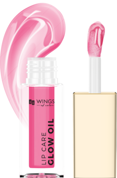 Pielęgnujący olejek do ust Wings Glow Oil 03 Cherry, butelka i aplikator na tle różowej smugi.