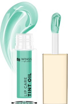 Miętowy olejek do ust WINGS Lip Care Tint Oil, błyszcząca butelka, aplikator obok, zielona smuga w tle.