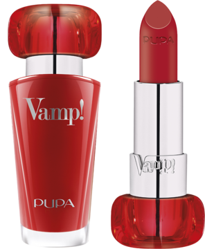 Pupa Vamp! perfumy i szminka Iconic Red 303 w czerwonych opakowaniach, widok z przodu.