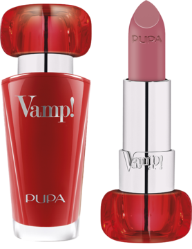 Pupa Vamp! różowa szminka powiększająca usta w czerwonej tubce obok czerwonej butelki perfum, widok z przodu.