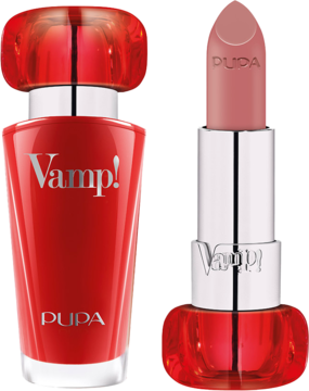 Pupa Vamp! zestaw: czerwona butelka perfum i szminka Rose Nude w czerwonym opakowaniu, widok z przodu.