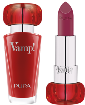 Szminka Pupa Vamp! powiększająca Black Cherry i czerwony flakon perfum, widok z przodu.