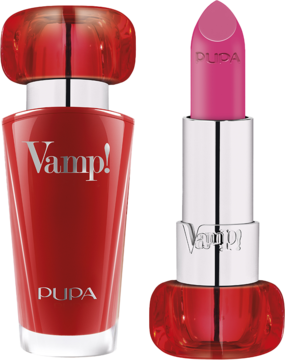 Pupa Vamp! perfumy w czerwonej butelce i różowa szminka Vamp! w eleganckim, czerwonym opakowaniu, widok z przodu.