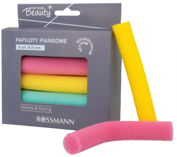 Papiloty piankowe Rossmann 19 cm: kolorowe wałki (żółty, różowy, zielony) w szarym pudełku i luzem.