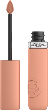 Matowa pomadka w płynie L'Oréal Infaillible Matte Resistance nude, z otwartym aplikatorem.