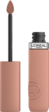 L'Oréal Paris Infaillible Matte Resistance, matowa pomadka w płynie nude, otwarta butelka z aplikatorem.