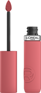 L'Oréal Paris Infaillible Matte Resistance matowa pomadka w płynie, koralowy odcień, otwarta z aplikatorem.