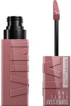 Maybelline Super Stay Vinyl Ink Awestruck, pomadka winylowa w kolorze zgaszonego różu z aplikatorem.