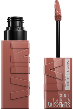 Maybelline Super Stay Vinyl Ink winylowa pomadka Punchy. Otwarta butelka z aplikatorem, widok z przodu.