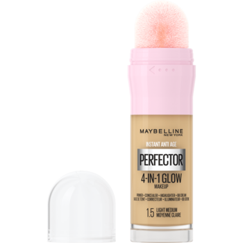 Maybelline Instant Perfector 4in1 Glow, beżowy podkład z różowym aplikatorem w butelce, obok biała nakrętka, widok z przodu.