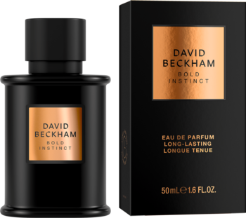 David Beckham Bold Instinct Eau de Parfum, czarny flakon i pudełko z miedzianą etykietą, widok z przodu.