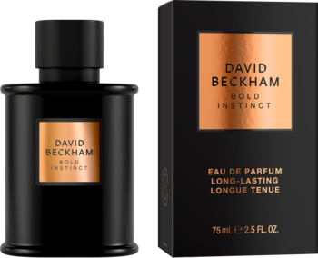 Męska woda perfumowana David Beckham Bold Instinct: czarny, matowy flakon i pudełko z miedzianą etykietą.