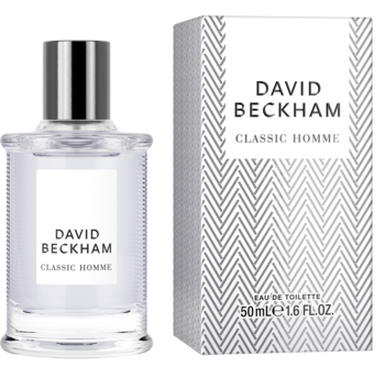 David Beckham Classic Homme woda toaletowa 50ml: butelka z metalową nakrętką i pudełko w jodełkę.
