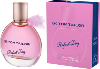 Zestaw perfum Tom Tailor Perfect Day: różowa butelka z złotą nakrętką i pasujące pudełko, widok z przodu.