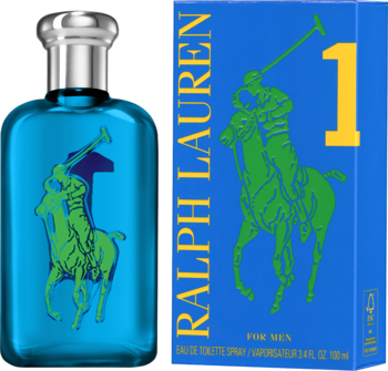 Ralph Lauren The Big Pony 1 Blue, męska woda toaletowa w błękitnej butelce obok pudełka z zielonym jeźdźcem.