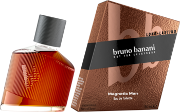 Bruno Banani Magnetic Man EDT, pochylona butelka z bursztynowym płynem i ciemnym korkiem obok brązowego pudełka.