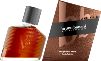 Bruno Banani Magnetic Man EDT: przechylony flakon z bursztynowym płynem i brązowe pudełko z logo. Drzewno-ambrowy zapach.