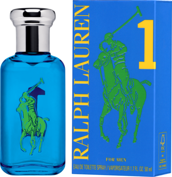 Męska woda toaletowa Ralph Lauren The Big Pony 1 Blue: niebieska butelka z zielonym logo i pudełko, widok z przodu.