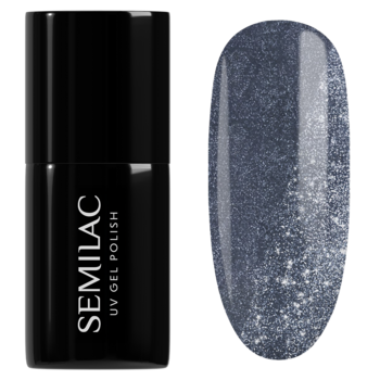 Semilac lakier hybrydowy Classy&Sassy w czarnej butelce, obok swatch szarego z drobinkami.