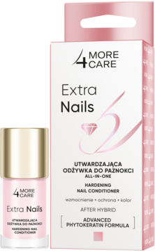 More4Care Extra Nails, utwardzająca odżywka do paznokci w pastelowym różu, butelka i kartonik z przodu.