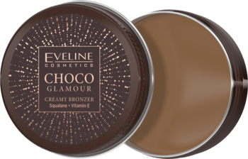 Kremowy bronzer Eveline Choco Glamour do konturowania, Squalane+Vitamin E, dwa brązowe słoiczki, jeden otwarty.