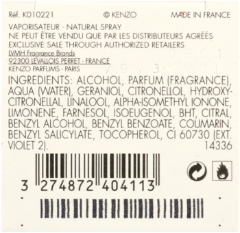 Tył opakowania Kenzo Flower by Kenzo woda perfumowana, z pełną listą składników i kodem kreskowym.