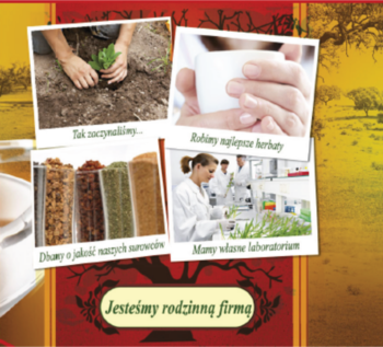 Kolaż o produkcji herbaty Rooibos: uprawa, parzenie, surowce, laboratorium. Reklama rodzinnej firmy i jej jakości.