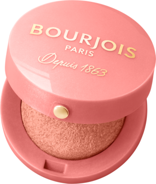 Otwarty, okrągły róż Bourjois Little Round Pot w odcieniu koralowym, ukazujący wypiekany puder dla promiennych policzków.