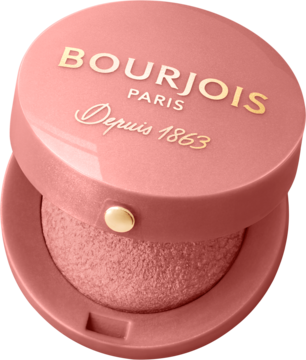 Pudroworóżowy Bourjois Little Round Pot róż do policzków, otwarte okrągłe opakowanie ze złotym napisem, widok z góry.