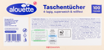Tył opakowania chusteczek Alouette, 100 sztuk, 4-warstwowych, supermiękkich, z kodem kreskowym i certyfikatami.