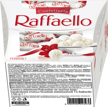 Białe pudełko Raffaello Ferrero, widok pod kątem. Przód: praliny kokosowe, bok: info o wadze 150g i 14 sztukach.
