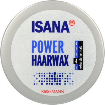 ISANA Power Haarwax w jasnoszarym, okrągłym słoiczku, widok z góry. Poziom utrwalenia 4, extra starker Halt.