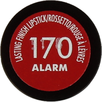 Rimmel Lasting Finish pomadka do ust 170 Alarm, okrągła etykieta, czerwień z czarną obwódką.