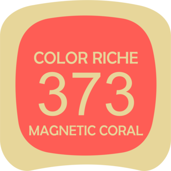 Przednia etykieta pomadki Color Riche 373 Magnetic Coral, w kształcie zaokrąglonego kwadratu, kolor koralowy.