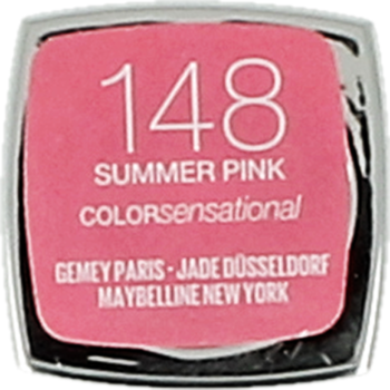 Maybelline Color Sensational szminka, numer 148 Summer Pink, zbliżenie na różową etykietę.