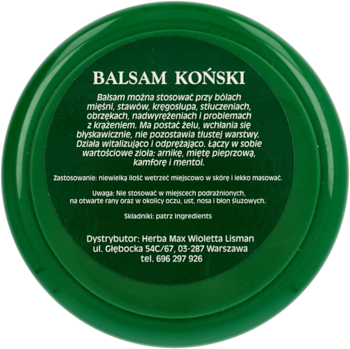 Zielone, okrągłe wieczko balsamu Końskiego Herbamedicus, widok z góry z czytelnym tekstem informacyjnym.