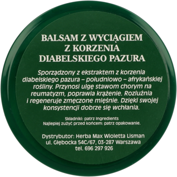 Okrągłe, ciemnozielone wieczko balsamu z diabelskiego pazura, z białym tekstem o jego właściwościach i składzie.