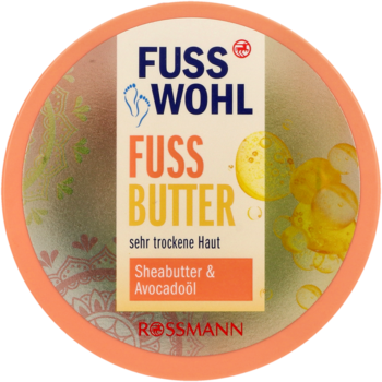 Okrągły, brzoskwiniowy słoiczek Fuss Wohl Fuss Butter do bardzo suchej skóry, z masłem shea i awokado, widok z góry.