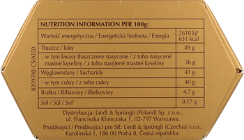 Zbliżenie na tył sześciokątnego, złoto-brązowego opakowania pralinek Lindt z tabelą wartości odżywczych.