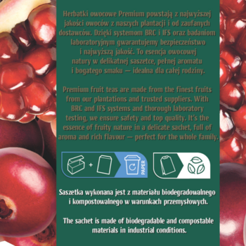Tył opakowania herbaty owocowej Premium żurawina-granat. Widoczny opis i ikony na tle granatu, saszety biodegradowalne.