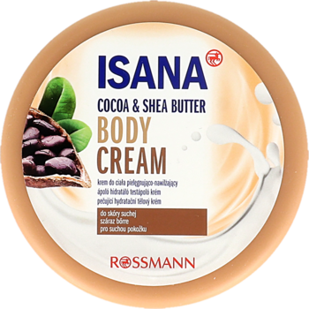 ISANA Cocoa & Shea Butter nawilżający krem do ciała do suchej skóry, beżowy okrągły słoik, widok z góry.