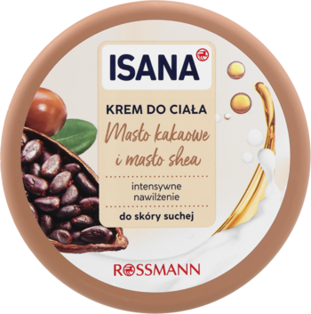 Isana krem do ciała, brązowy słoik z masłem kakaowym i shea, widok z góry, intensywne nawilżenie dla suchej skóry.